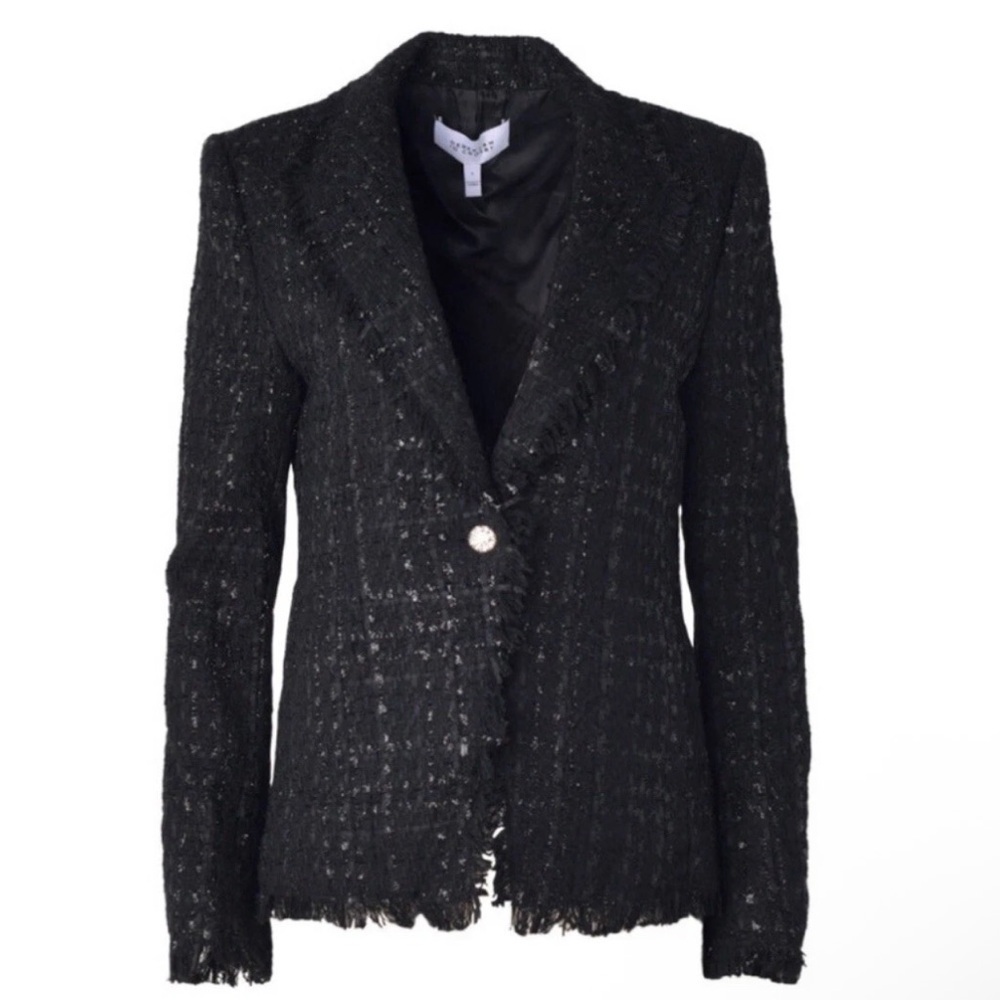 NEW Derek Lam 10 Crosby Adelaide Fringe Blazer Black One Button Tweed Sparkle 2